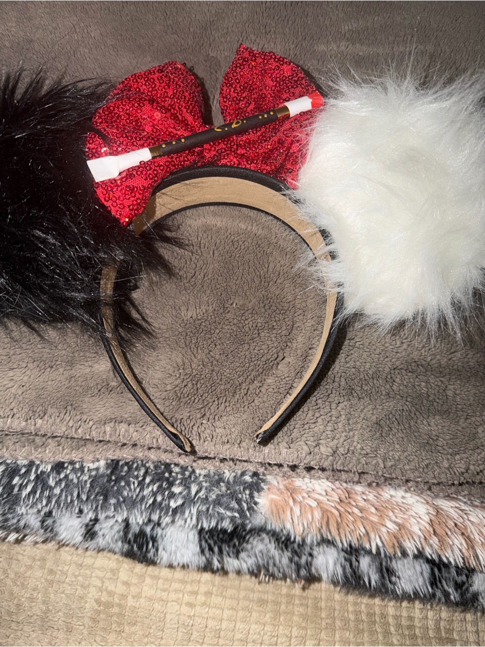 Cruella Deville Sequined Red Bow Furry Ear Headband